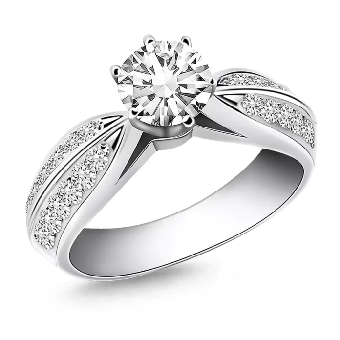 14k White Gold Diamond Engagement Ring with Side Clusters